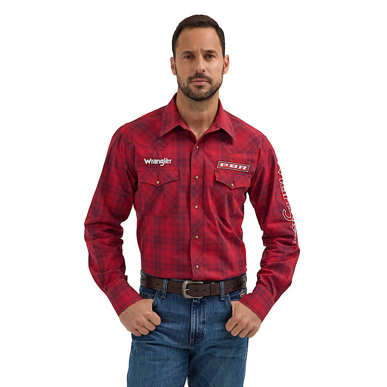 Wrangler Men's PBR Logo Plaid Western Snap Shirt - Cherry Red