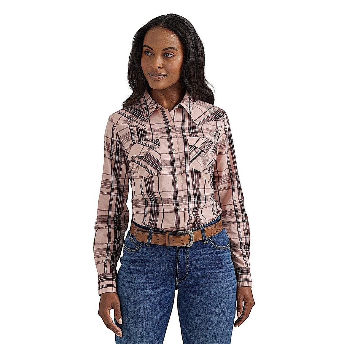 Wrangler Women's Essentials Plaid Western Snap Shirt - Rose