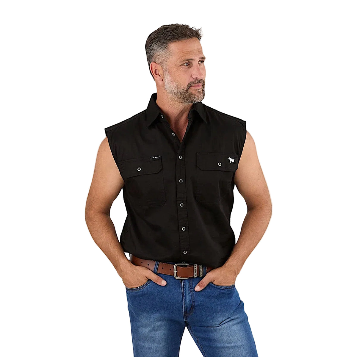 Ringers Western Men’s Rob Roy Sleeveless Full Button Work Shirt - Black