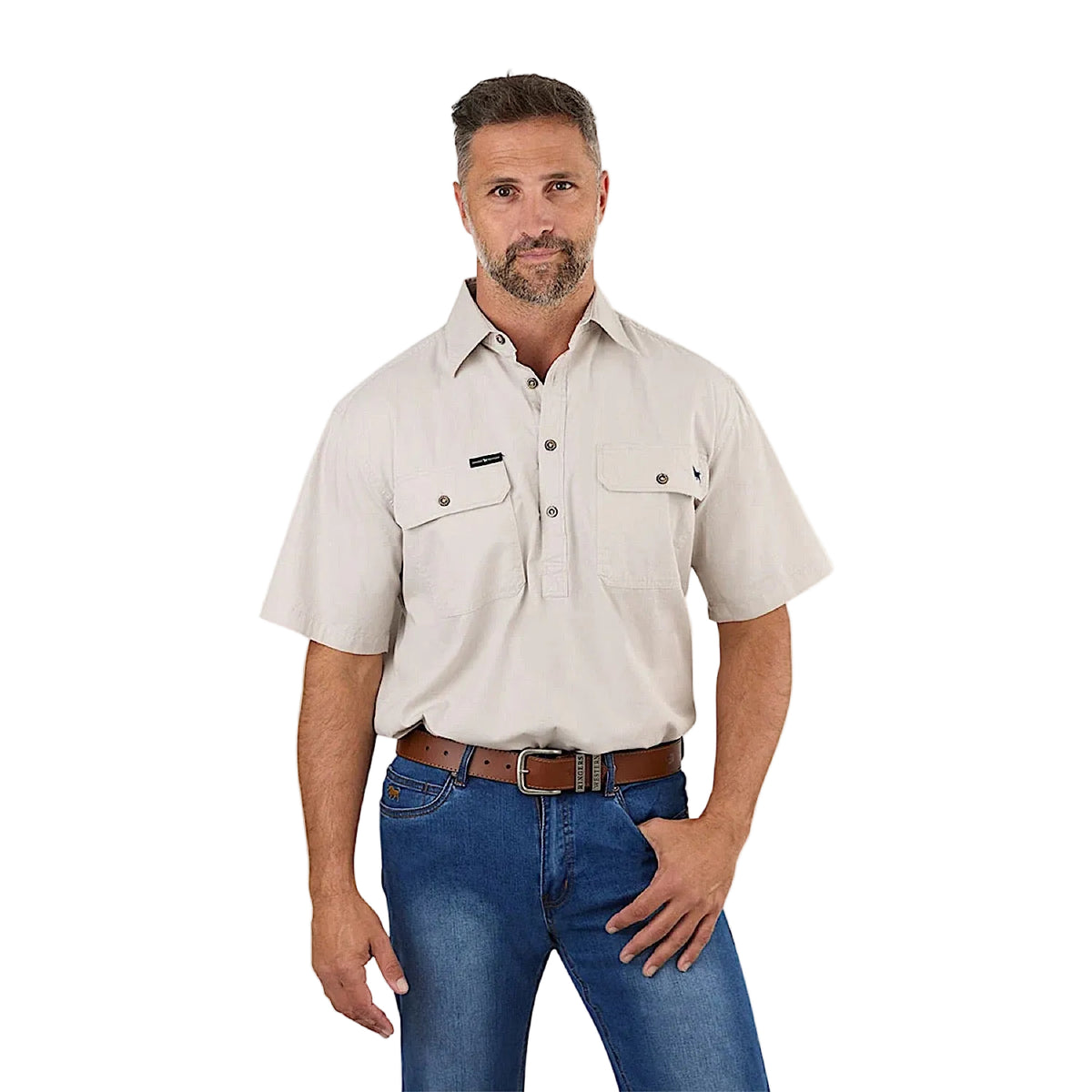 Ringers Western Men’s Pack Saddle Short Sleeve Half Button Work Shirt - Beige