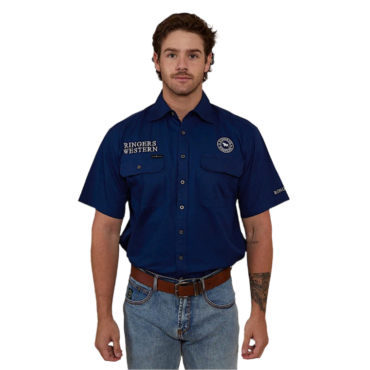 Ringers Western Hawkeye Men's Full Button Work Shirt Short Sleeve - Navy / White