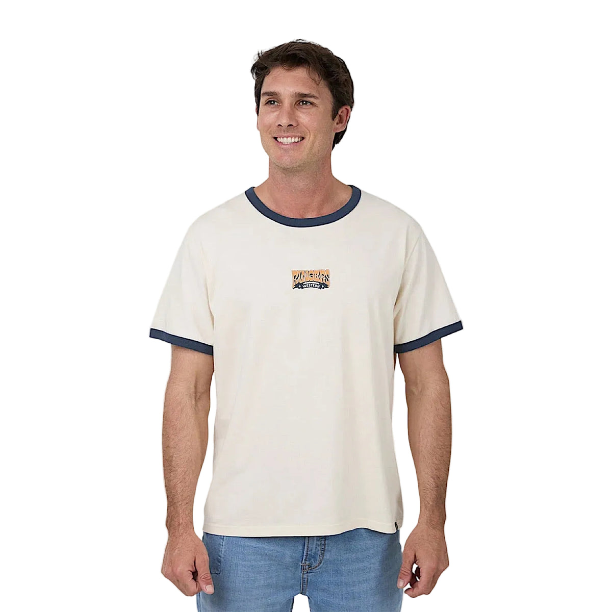 Ringers Western Men's Dust N Ropes Ringer T-Shirt - Off White/Blue