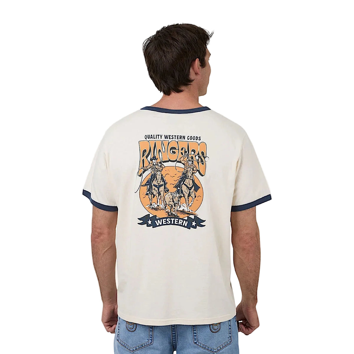 Ringers Western Men's Dust N Ropes Ringer T-Shirt - Off White/Blue