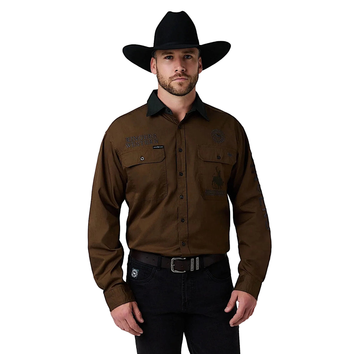 Ringers Western Men's Hawkeye Contrast Collar Full Button Work Shirt - Saddle Brown