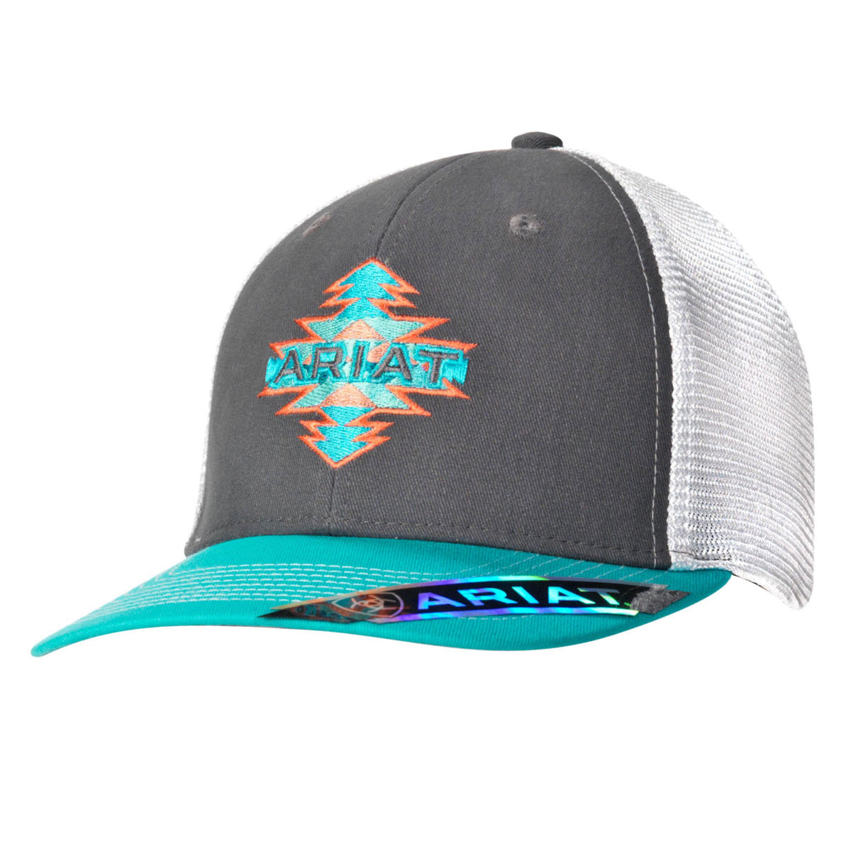 Ariat Aztec Logo Mesh Trucker Cap - Charcoal / White / Turquoise
