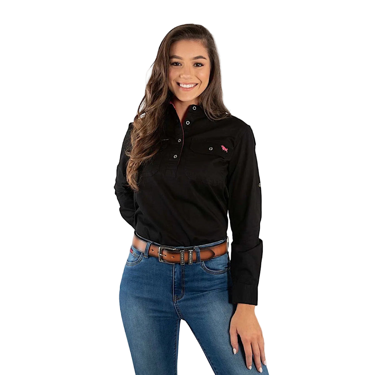 Ringers Western Women’s Pentecost River Half Button Work Shirt - Black/Melon