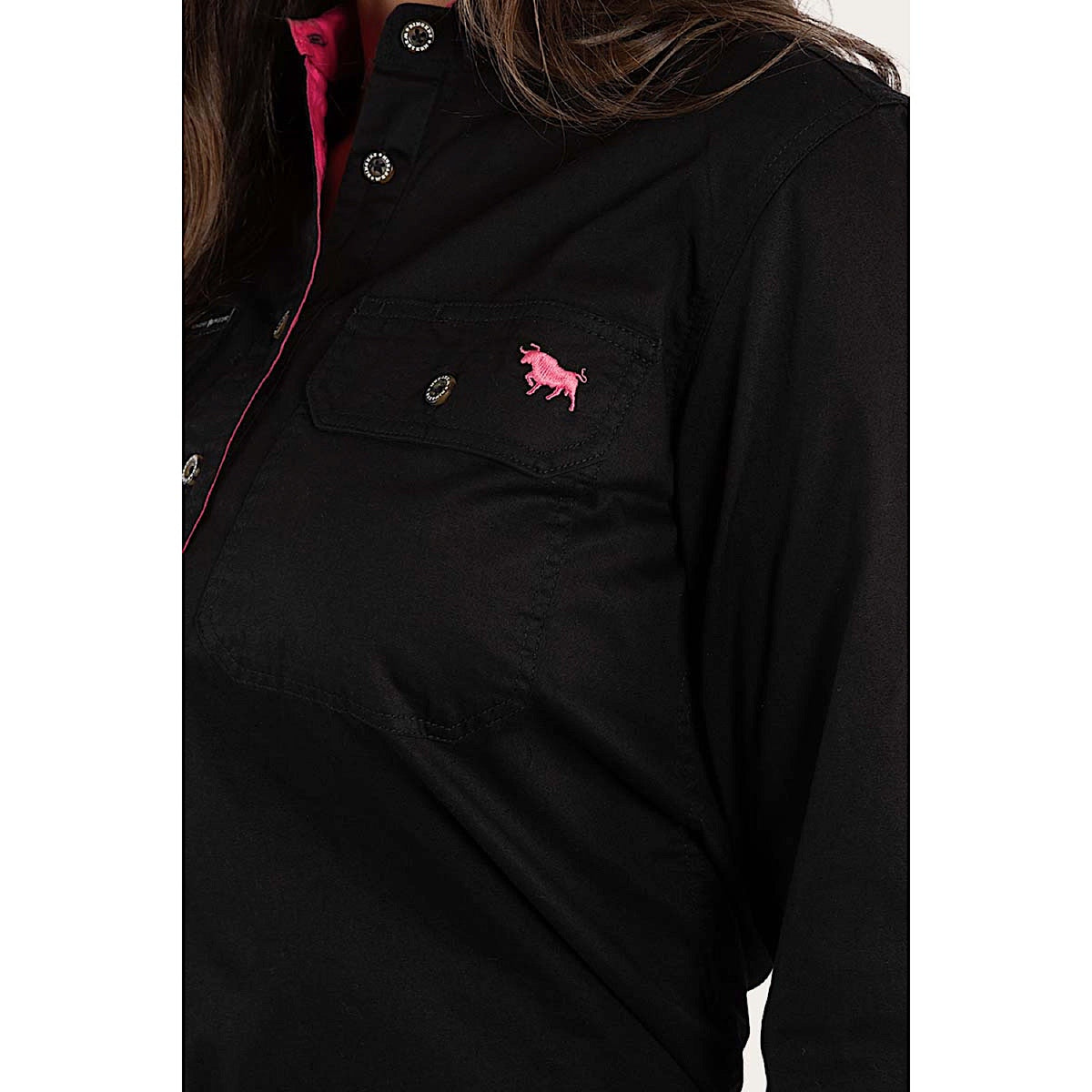 Ringers Western Women’s Pentecost River Half Button Work Shirt - Black/Melon