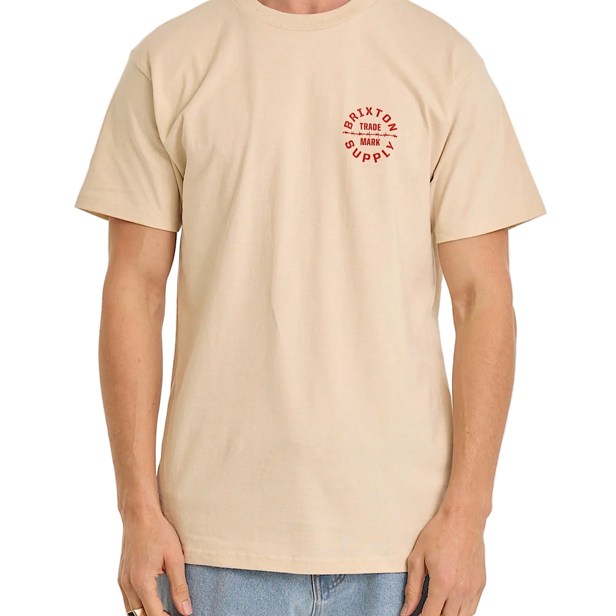 Brixton Men's Oath V Short Sleeve Standard Tee - Cream/Brick Red