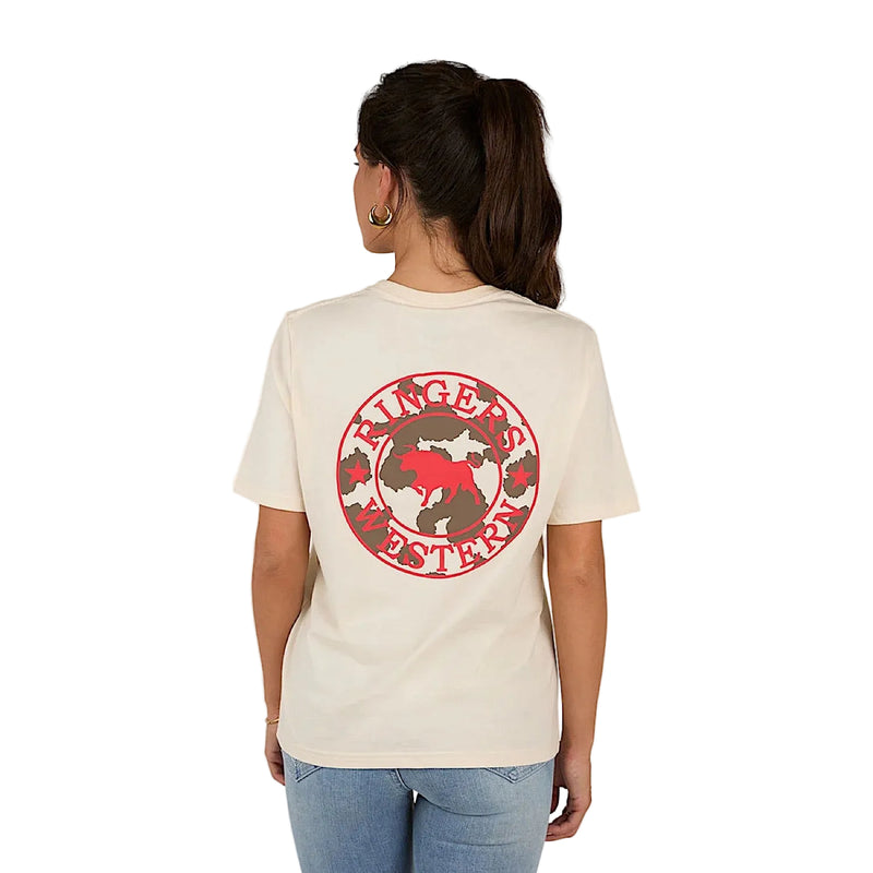 Ringers Western Signature Bull Women’s Loose T-Shirt - Off White/Cow Print