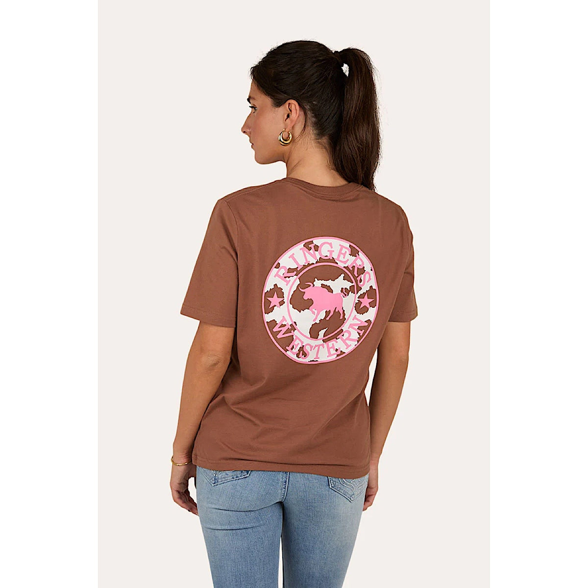 Ringers Western Signature Bull Women’s Loose T-Shirt - Saddle Brown/Cow Print