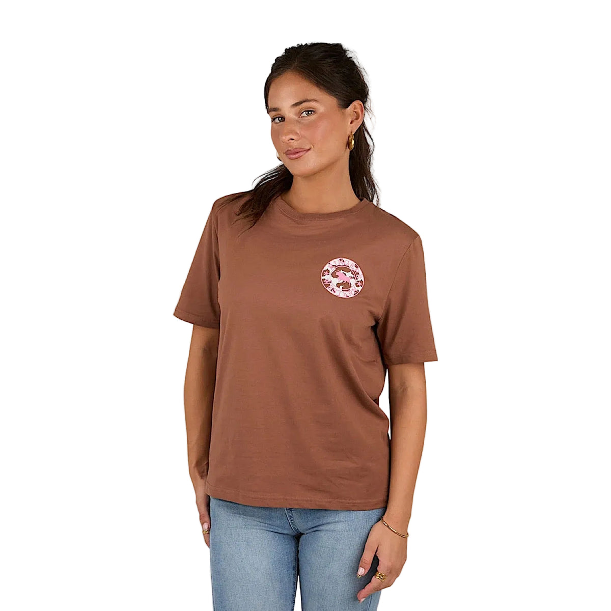 Ringers Western Signature Bull Women’s Loose T-Shirt - Saddle Brown/Cow Print