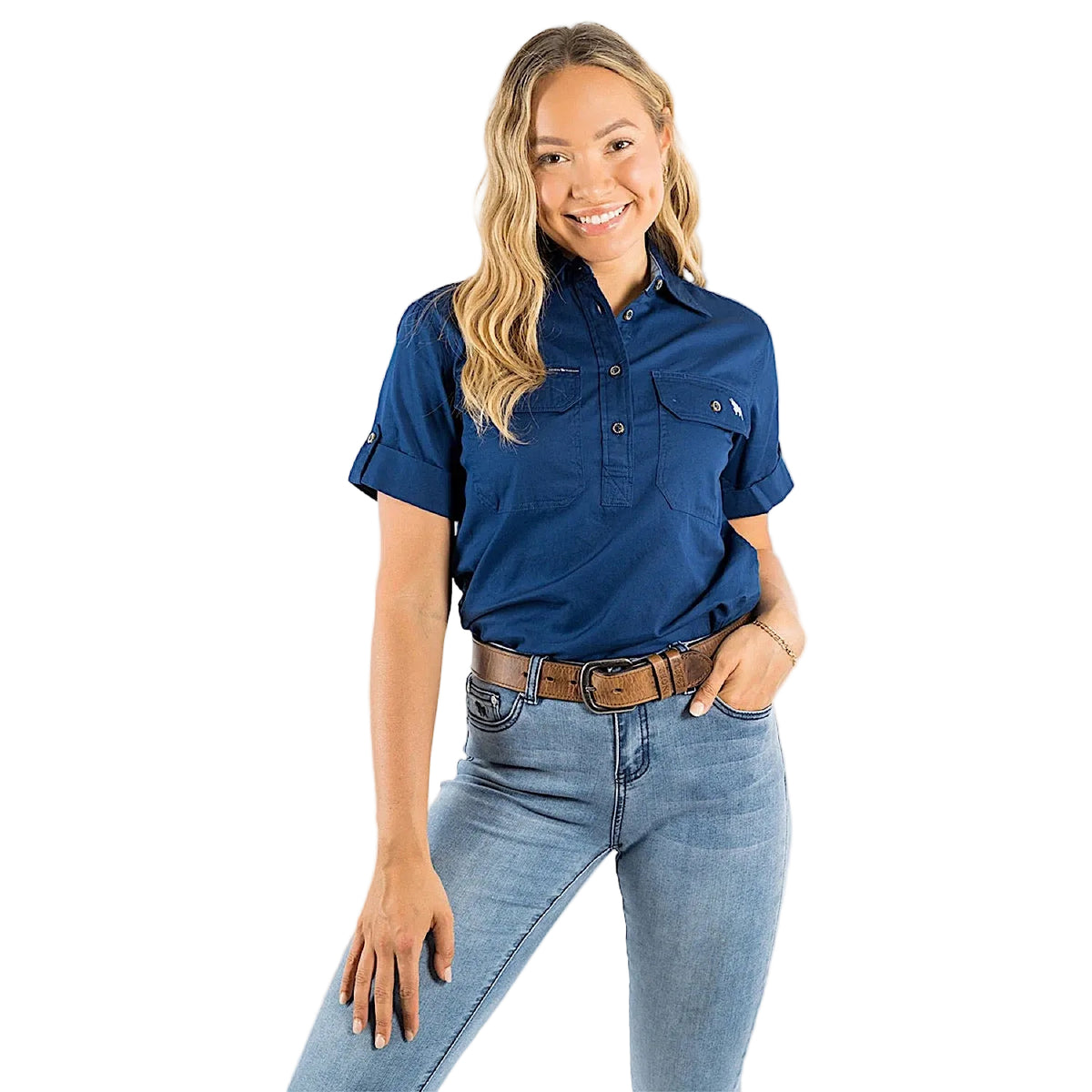 Ringers Western Women’s Jules Half Button Short Sleeve Work Shirt - Navy