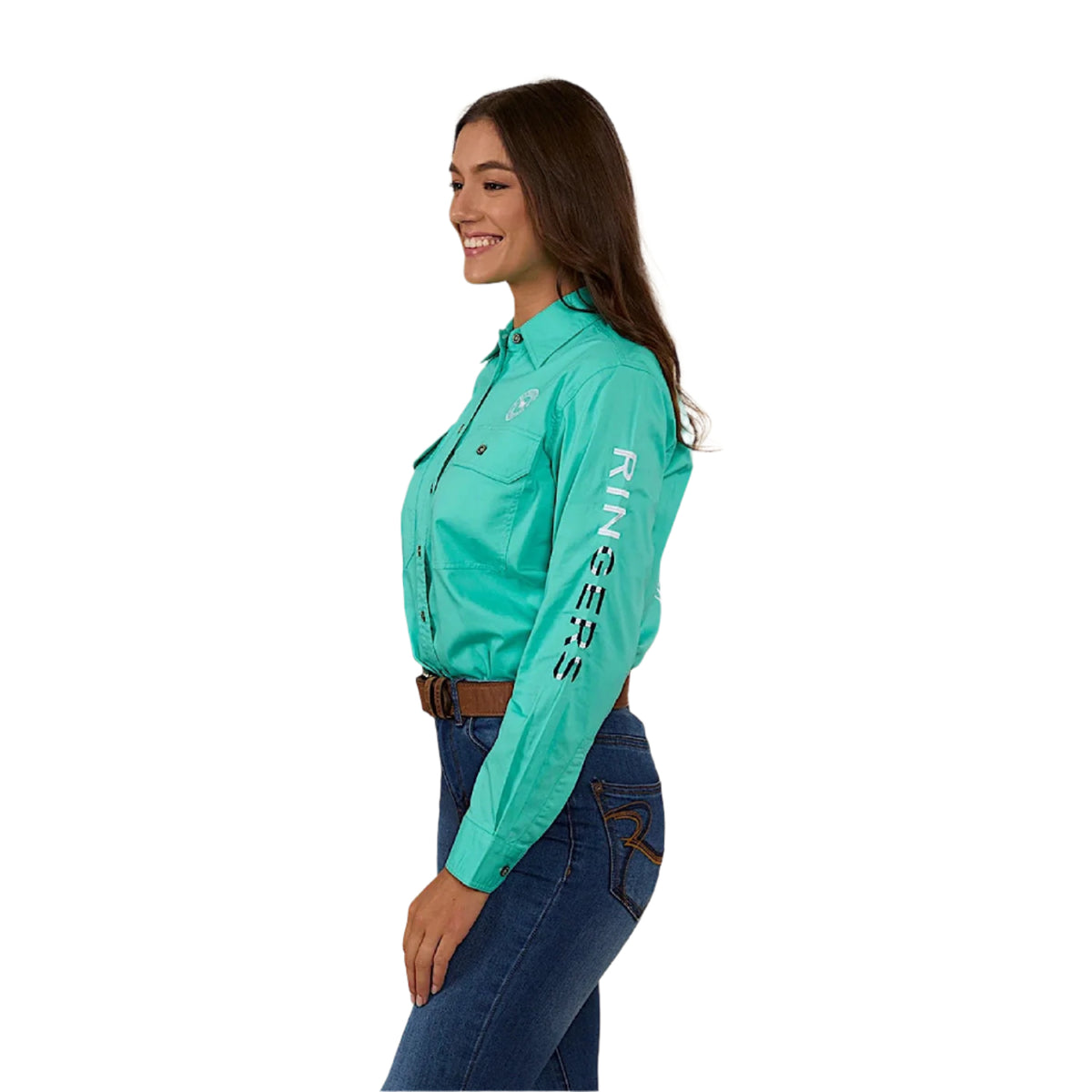 Ringers Western Women's Signature Bull Flag Full Button Work Shirt - Mint