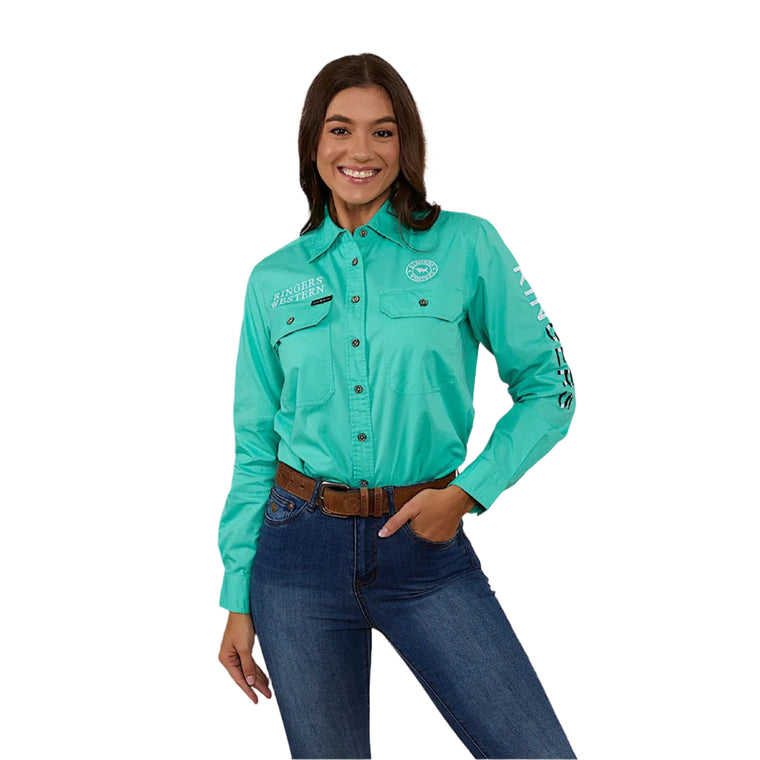 Ringers Western Women's Signature Bull Flag Full Button Work Shirt - Mint