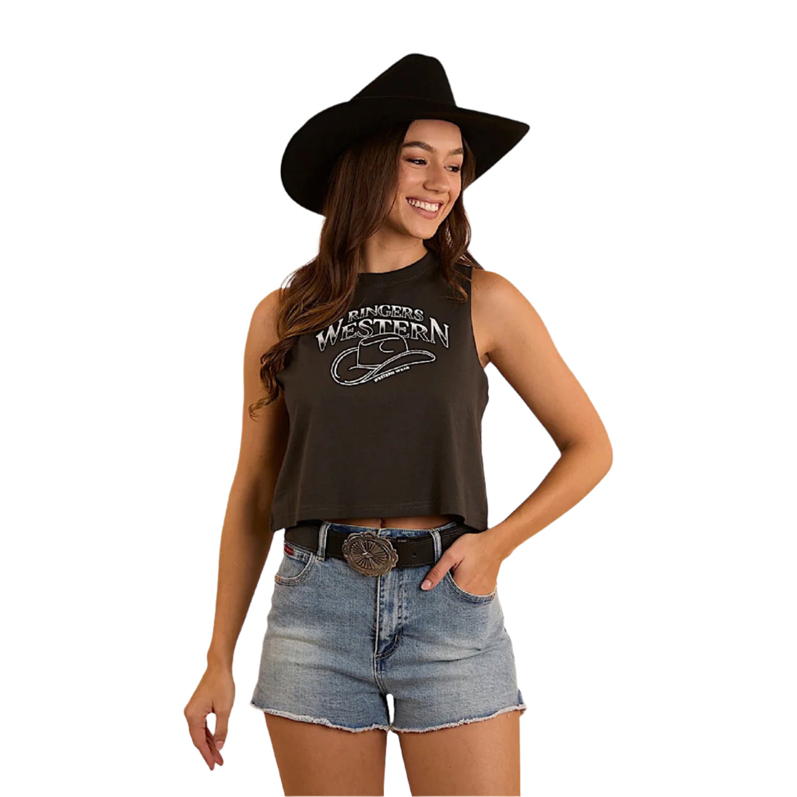 Ringers Western Women's Chasing Cowboys Crop Muscle Tank - Charcoal