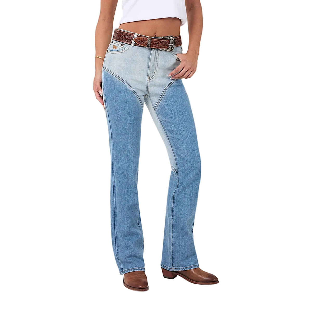 Ringers Western Women's Francesca High Rise Bootleg Western Jean - Vintage Light Blue/Dark Mid Blue