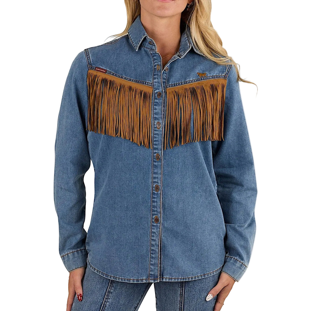 Ringers Western Women's Idaho Faux Suede Fringe Shirt - Mid Blue