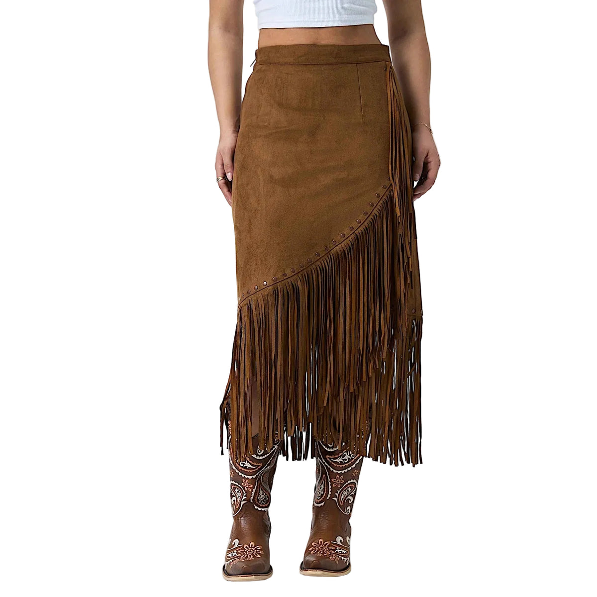 Ringers Western Women's Wanderlust Faux Suede Fringe Midi Skirt - Copper