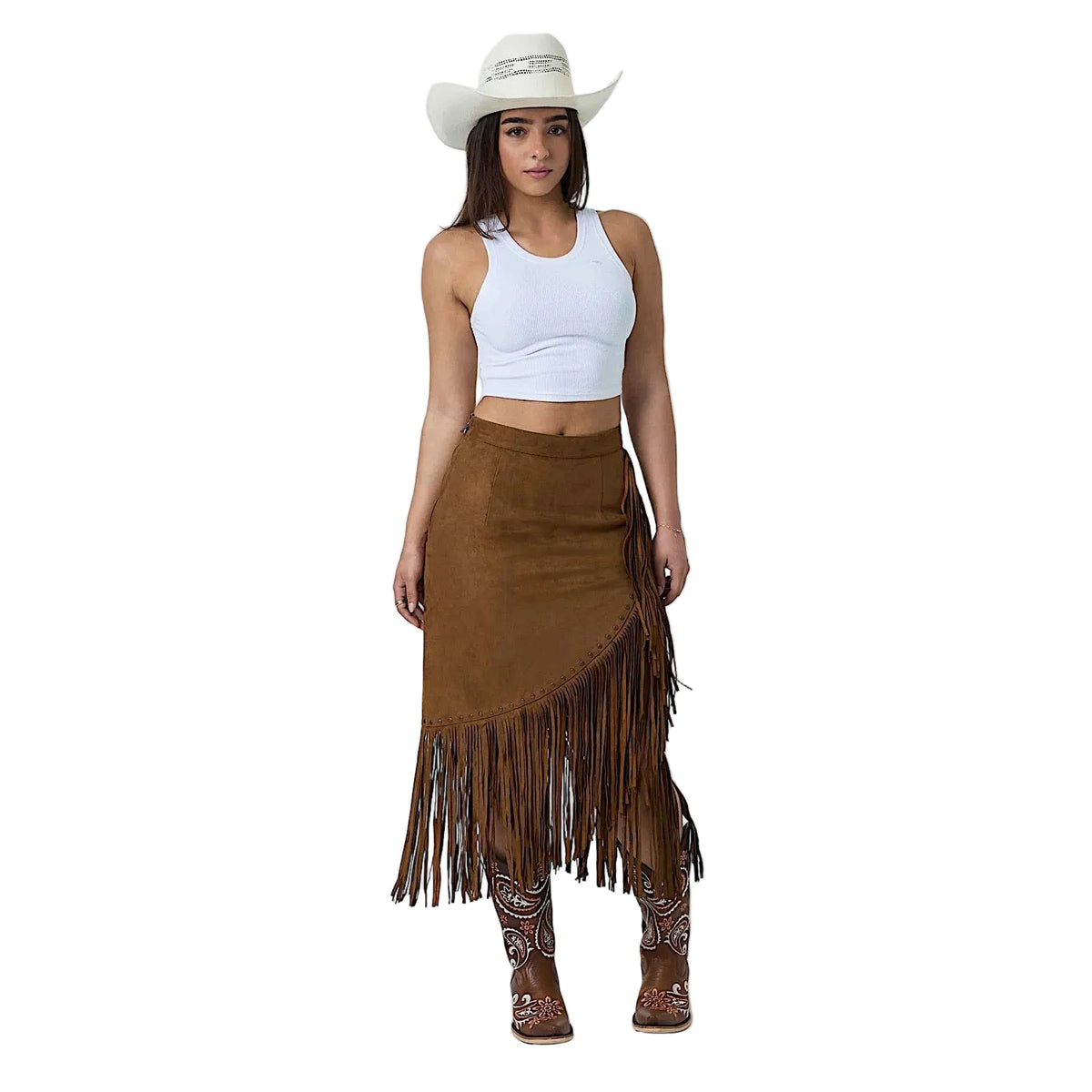 Ringers Western Women's Wanderlust Faux Suede Fringe Midi Skirt - Copper