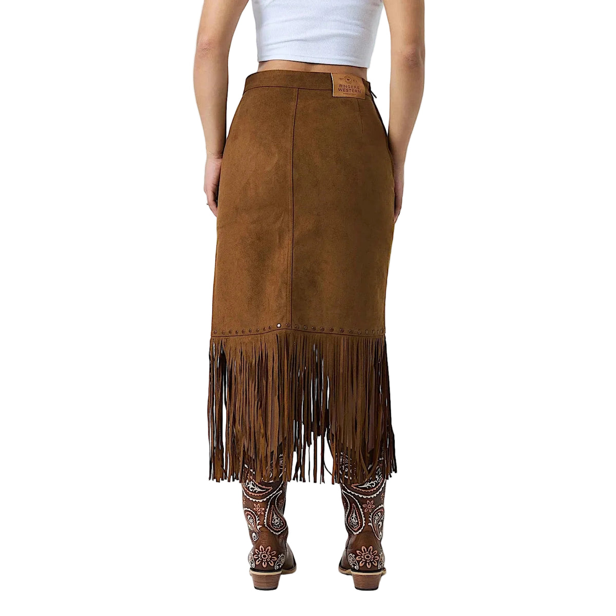 Ringers Western Women's Wanderlust Faux Suede Fringe Midi Skirt - Copper