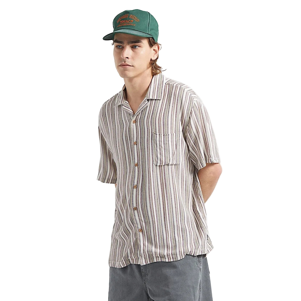 Brixton Men's Bunker Twisted Stripe Short Sleeve Woven Shirt - Robust Red