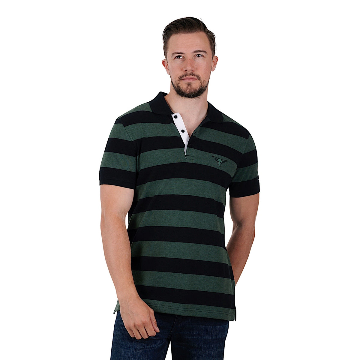 Pure Western Mens Allington Polo-Black/Green Marle