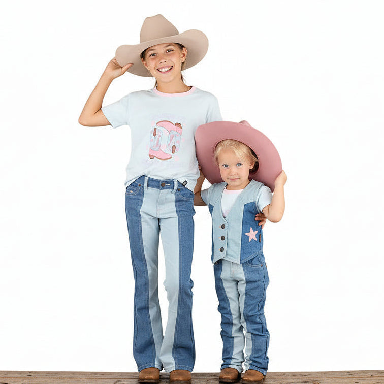 Ringers Western Girl's Ella Panel Flare Jean - Vintage Light Blue/Dark Mid Blue