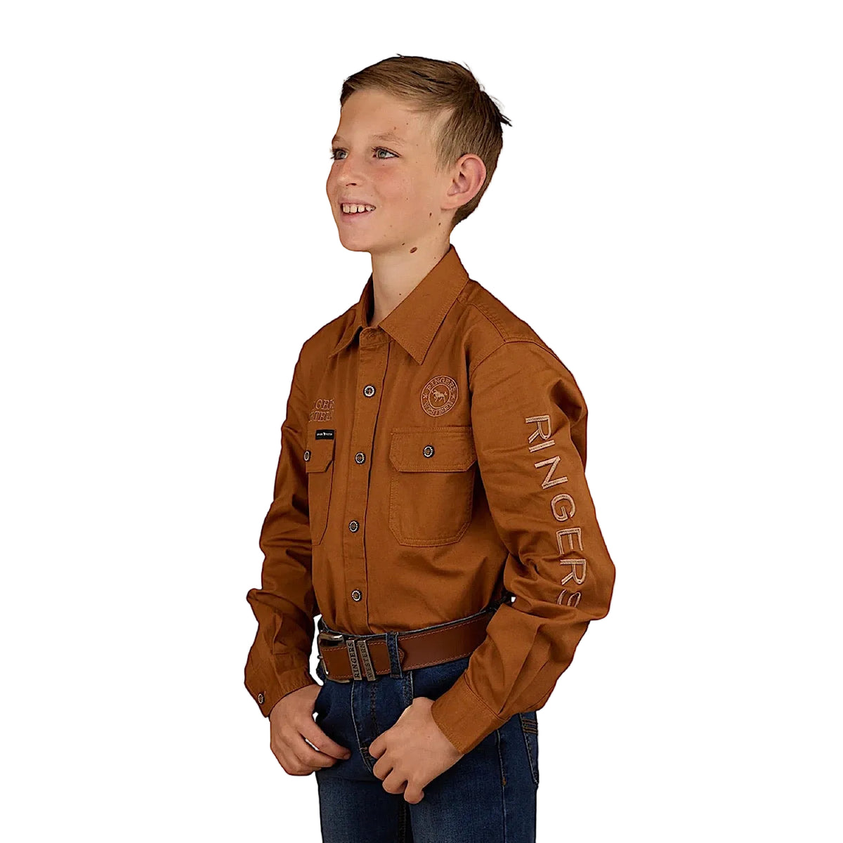 Ringers Western Kid's Jackaroo Full Button Printed Work Shirt - Tobacco