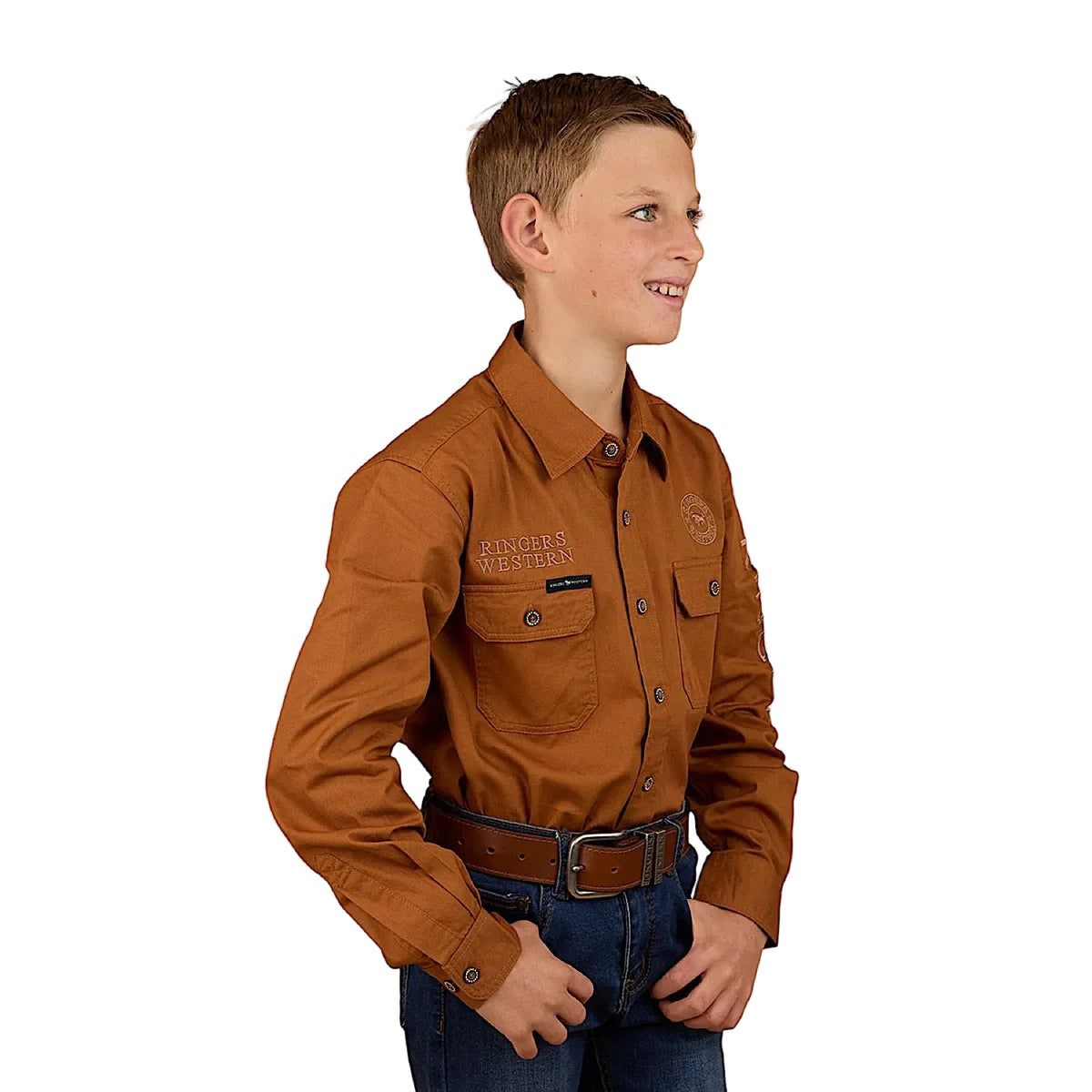 Ringers Western Kid's Jackaroo Full Button Printed Work Shirt - Tobacco