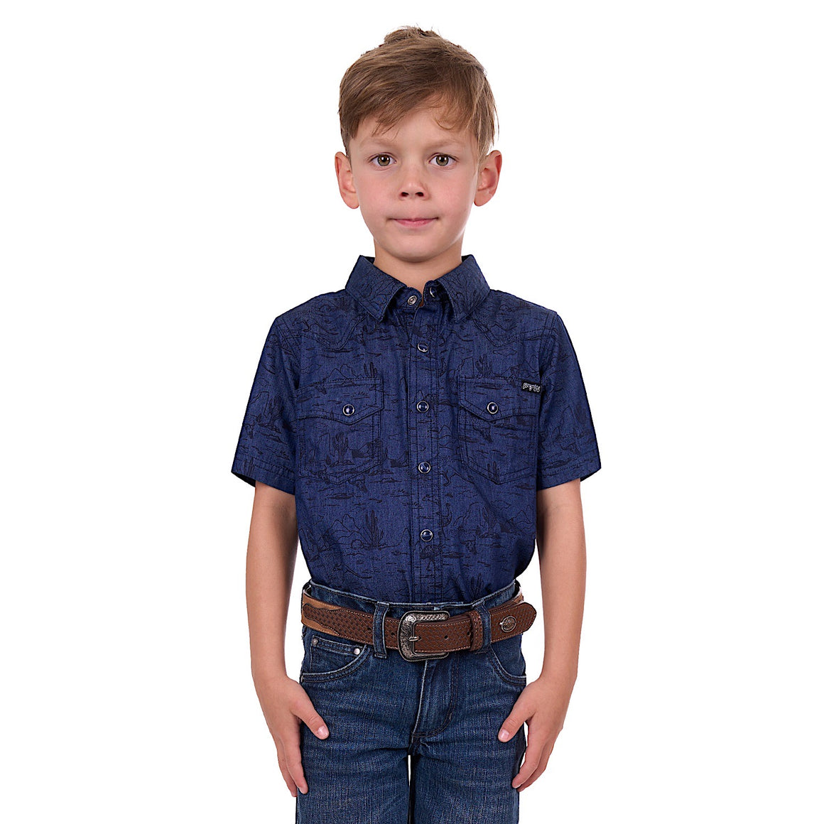 Pure Western Boy's Drew Short Sleeve Shirt Denim