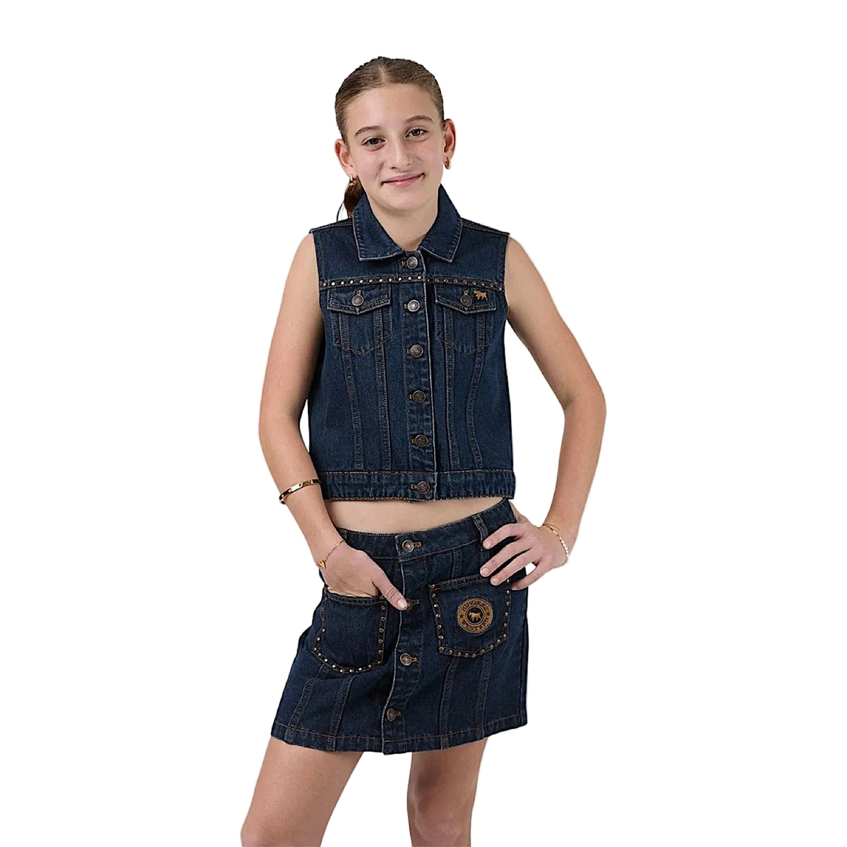 Ringers Western Youth Girls Cowgirl Squad Studded Vest - Vintage Blue Wash