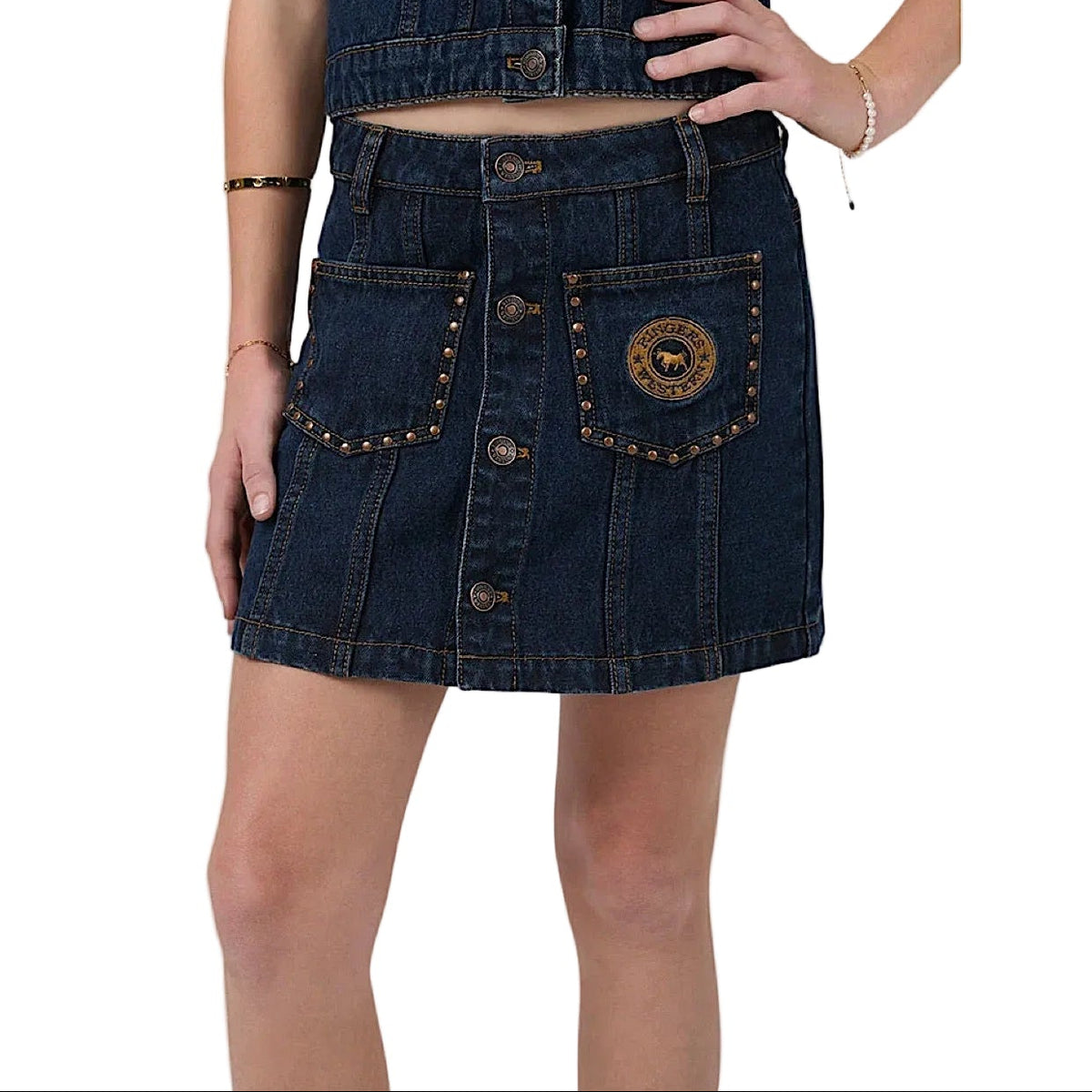 Ringers Western Youth Girls Cowgirl Squad Studded Mini Skirt - Vintage Blue Wash