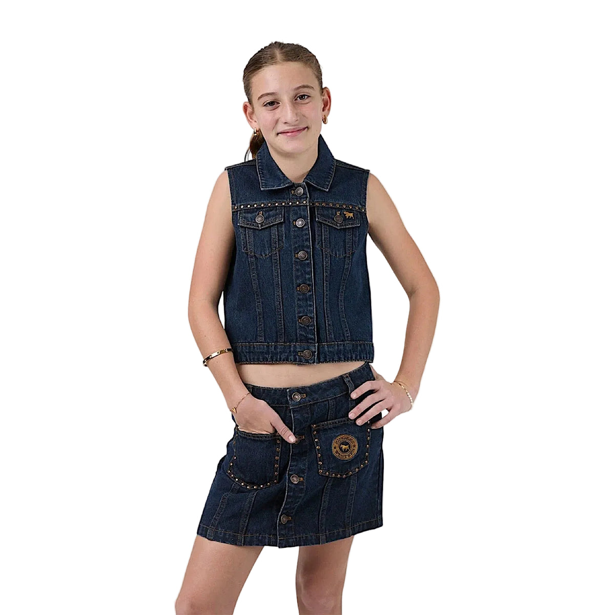 Ringers Western Youth Girls Cowgirl Squad Studded Mini Skirt - Vintage Blue Wash
