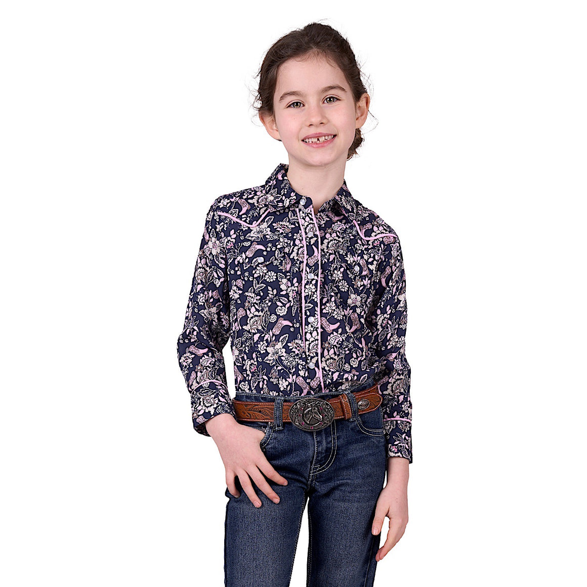 Pure Western Girl's Hannah Print Western Shirt - Navy