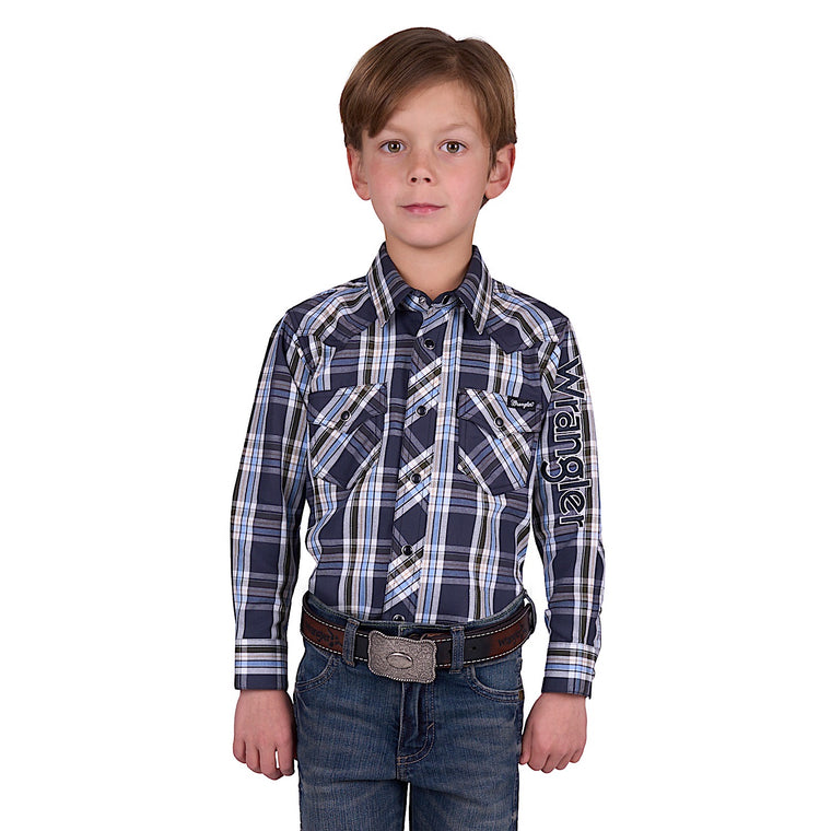 Wrangler Boy's Finn Check Logo Western Long Sleeve Shirt - Charcoal/Blue