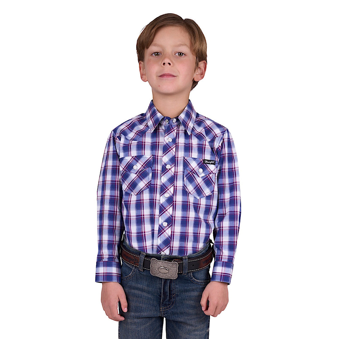 Wrangler Boy's Noah Check Western Long Sleeve Shirt - Royal/Red