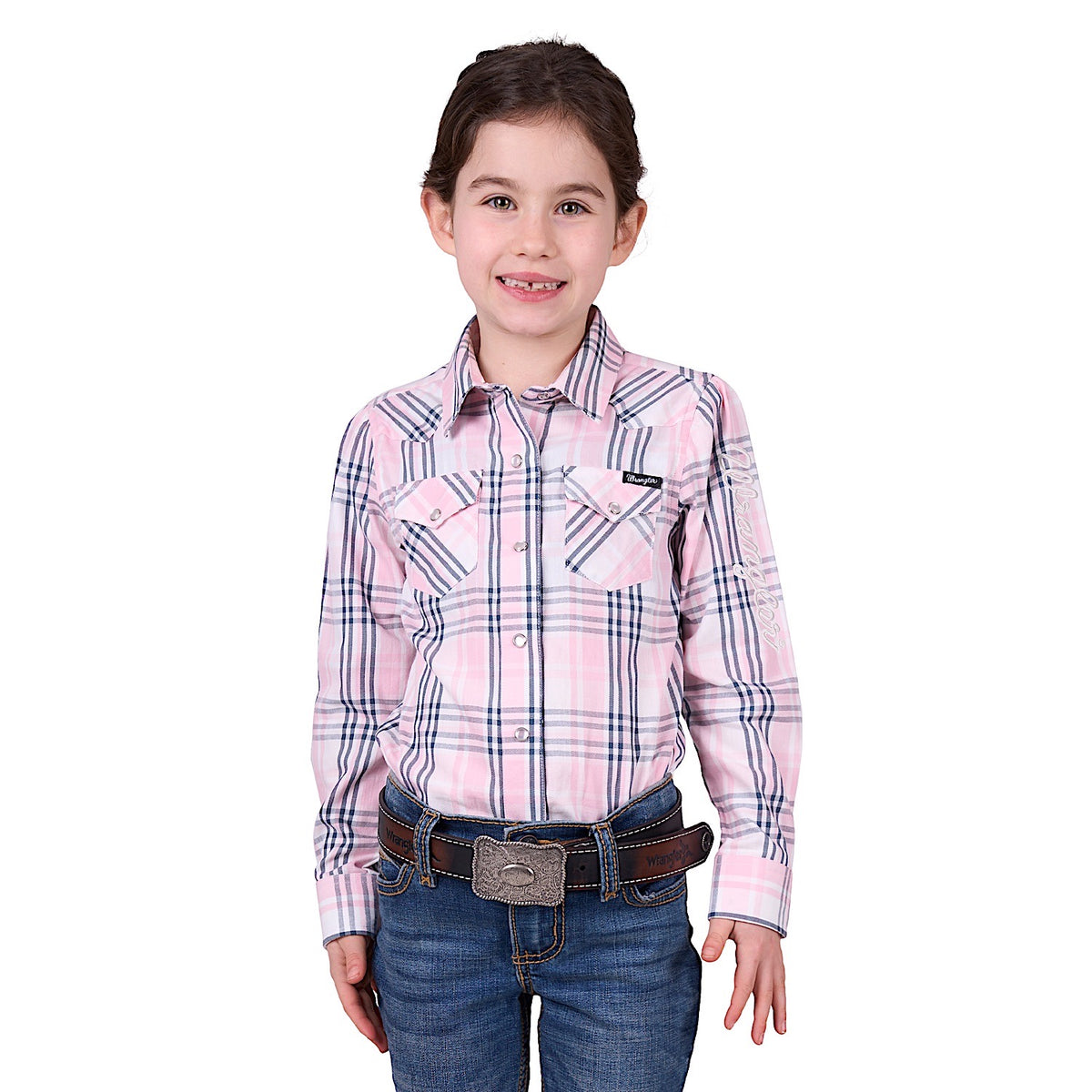 Wrangler Girl's Phoebe Check Logo Western Long Sleeve Shirt - Pink
