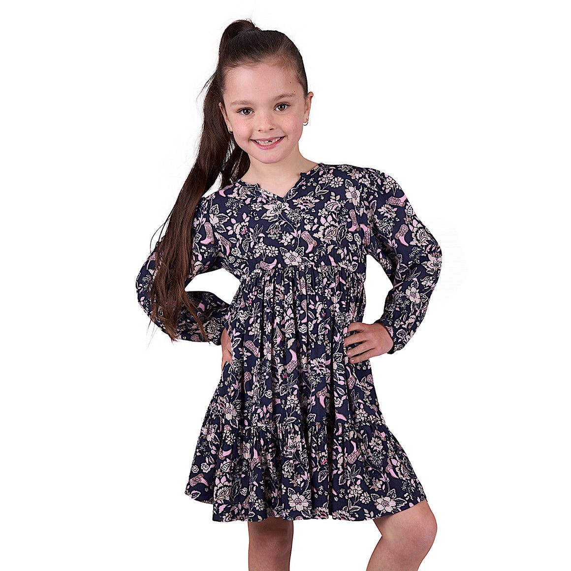 Pure Western Girl's Gretel Long Sleeve Dress - Navy