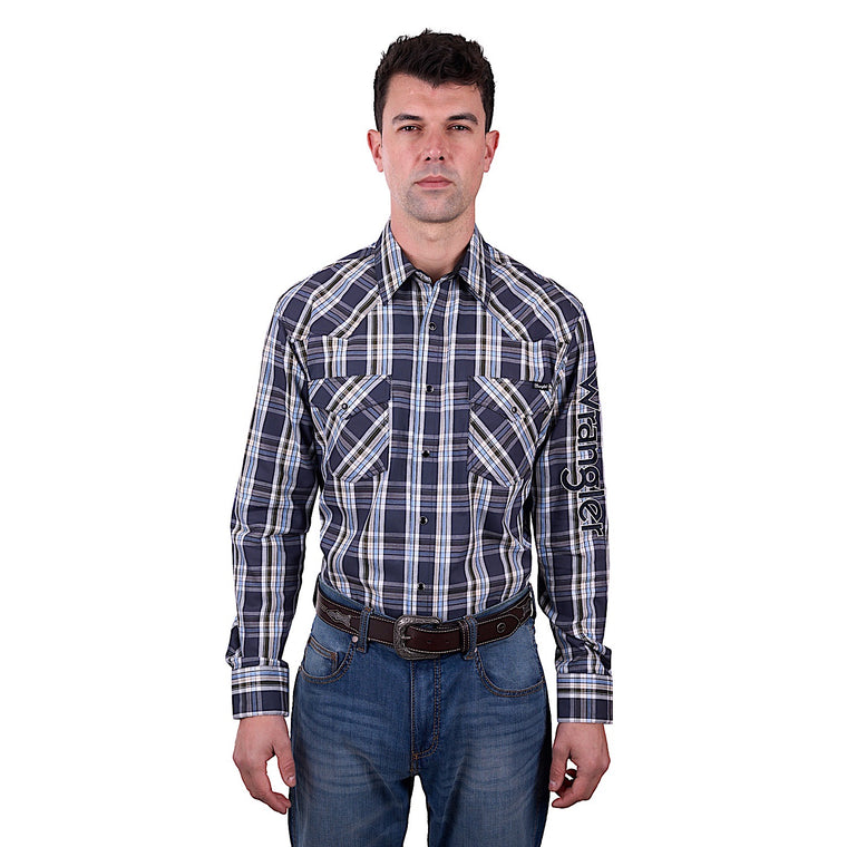 Wrangler Men's Finn Check Logo Western Long Sleeve Shirt - Charcoal/Blue