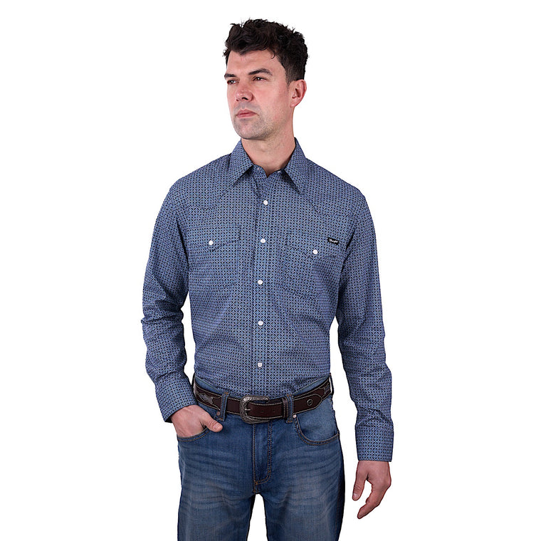 Wrangler Men's Theo Print Western Long Sleeve Shirt - Navy/Blue