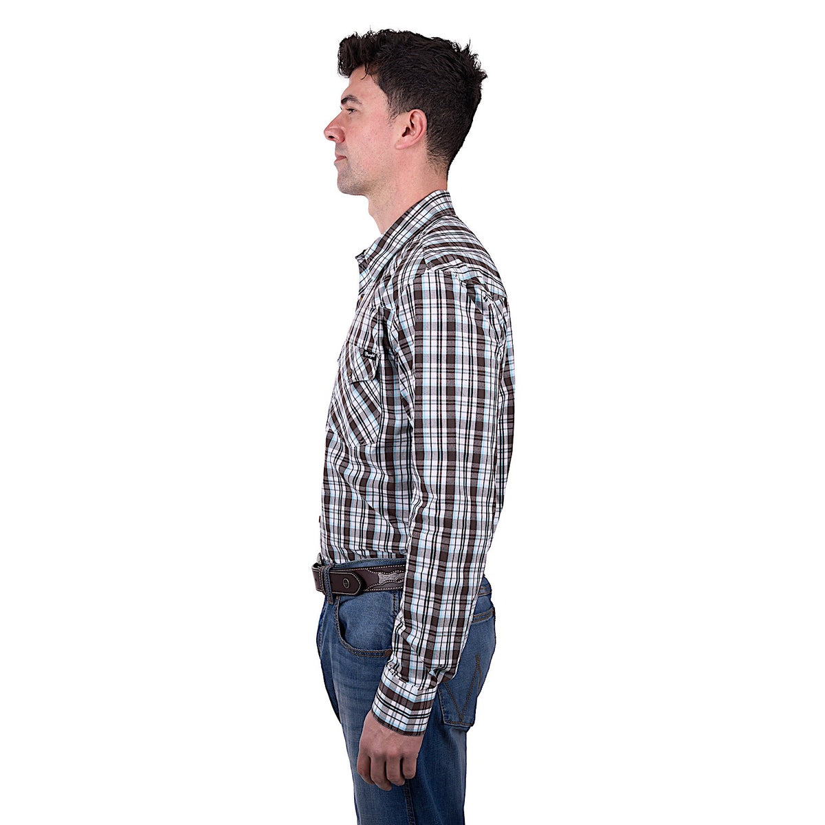 Wrangler Men's Beau Check Western Button Down Long Sleeve Shirt - Dark Tan/Blue