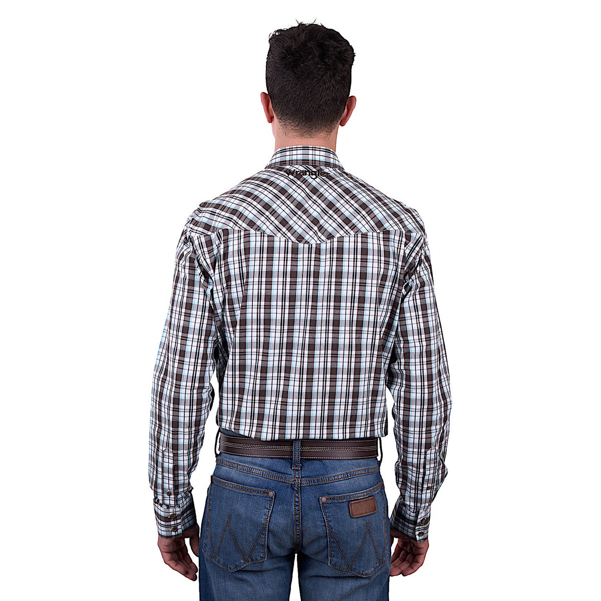 Wrangler Men's Beau Check Western Button Down Long Sleeve Shirt - Dark Tan/Blue