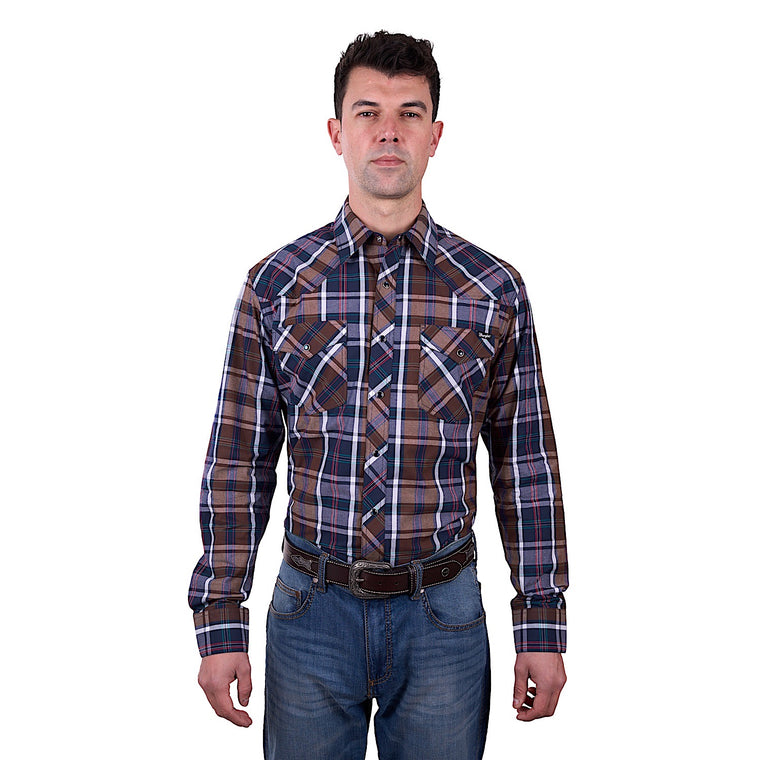 Wrangler Men's Milo Check Western Long Sleeve Shirt - Tan/Navy