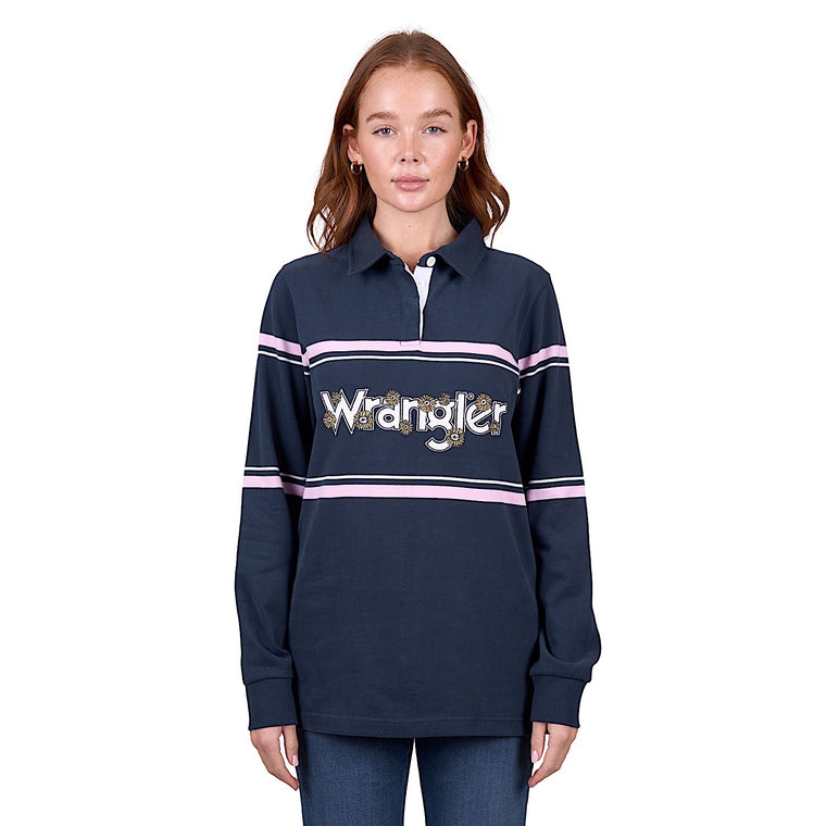 Wrangler Women's Daisy Stripe Rugby - Navy/Pink