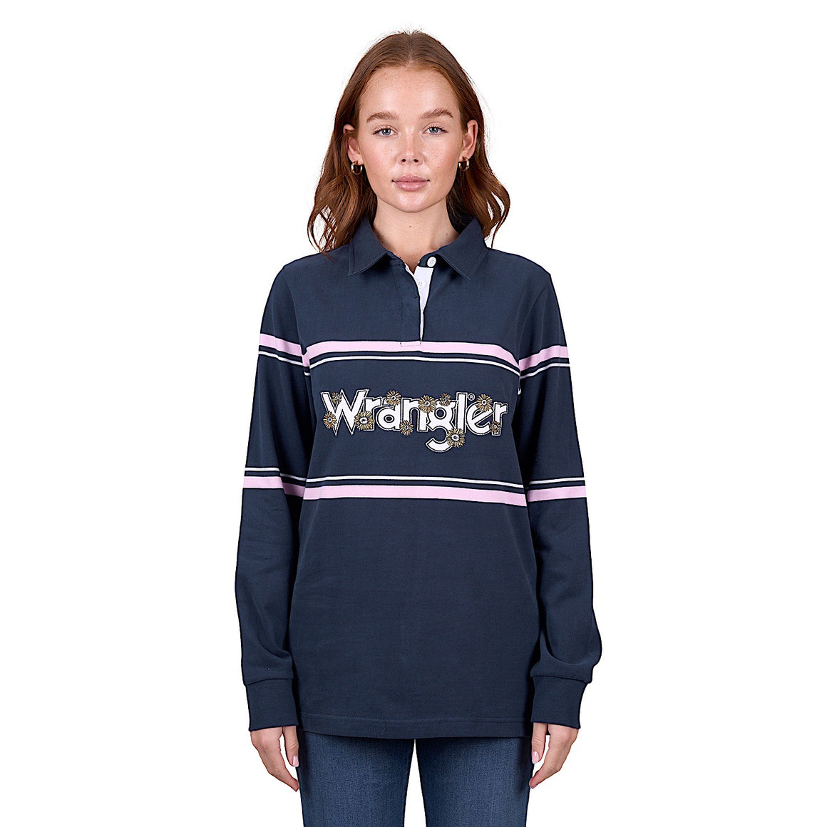 Wrangler Women's Daisy Stripe Rugby - Navy/Pink