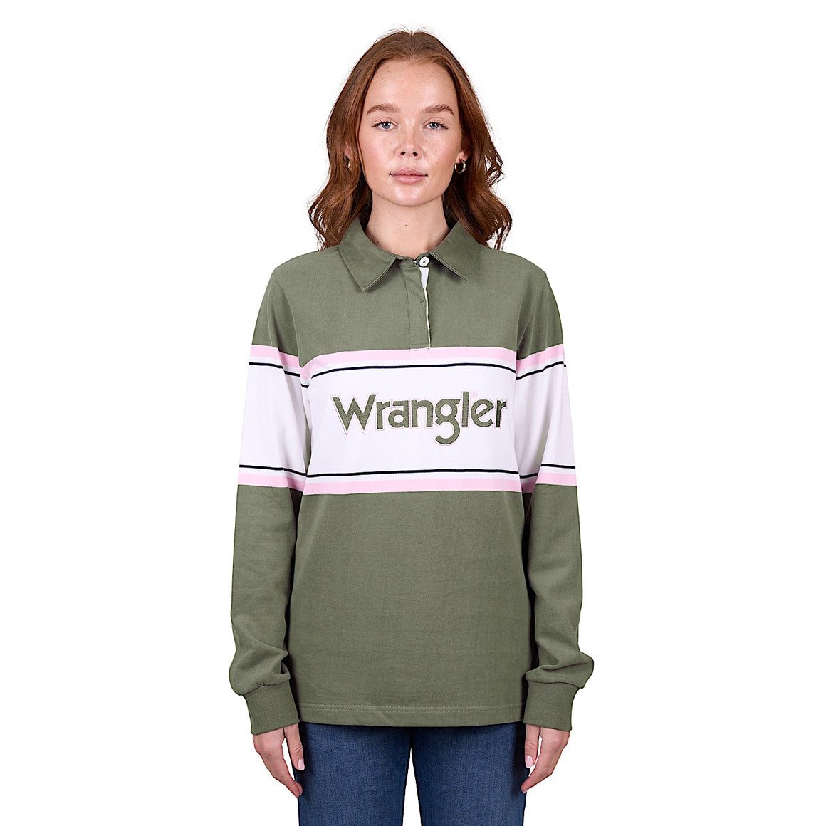 Wrangler Women's Eliza Stripe Rugby - Olive/White