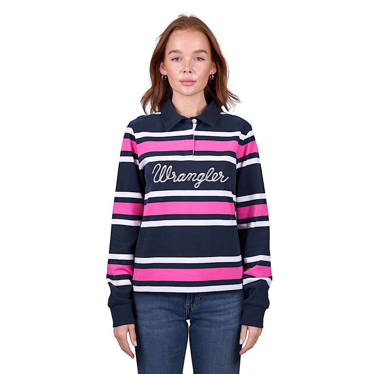 Wrangler Women's Moira Fashion Stripe Rugby - Navy/Fuchsia