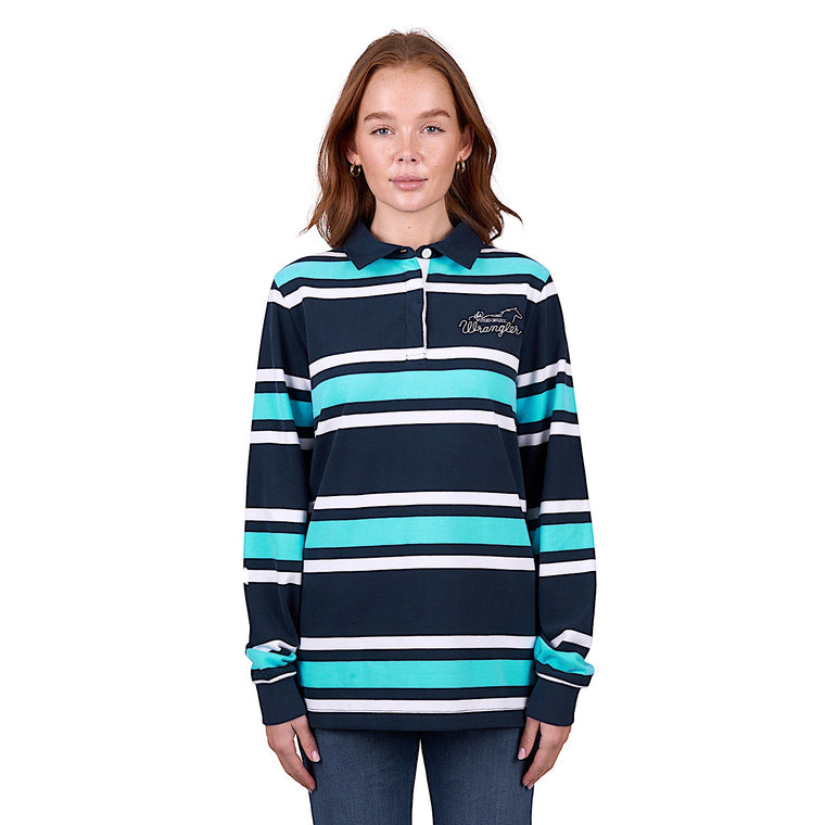 Wrangler Women's Trista Stripe Rugby - Navy/Aqua