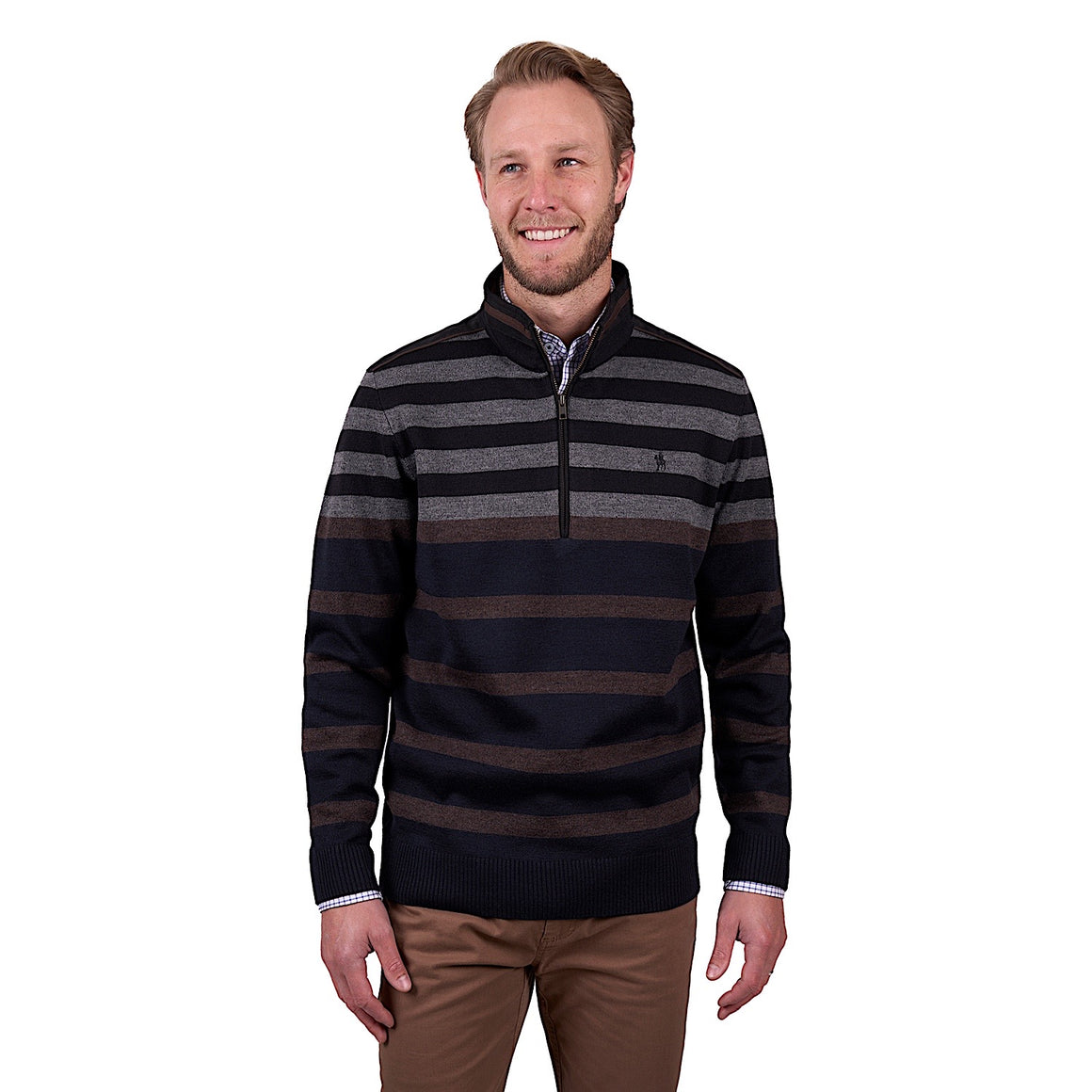 Thomas Cook Men's York Stripe Merino Blend 1/4 Zip Knit Jumper - Navy/Tan