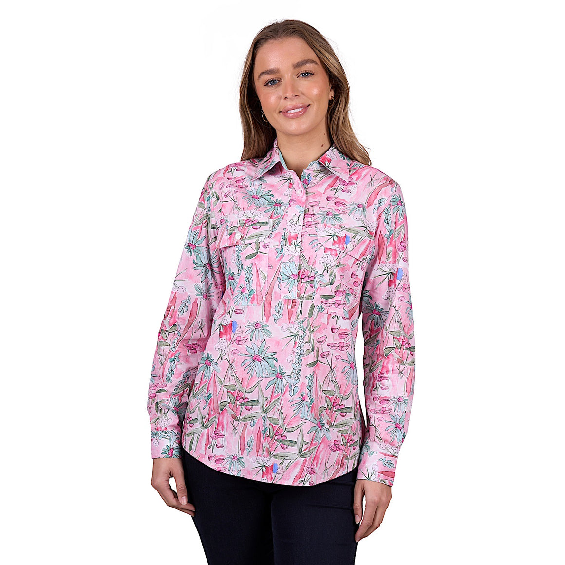 Hard Slog Women's Mill Half Placket Long Sleeve Shirt - Pink